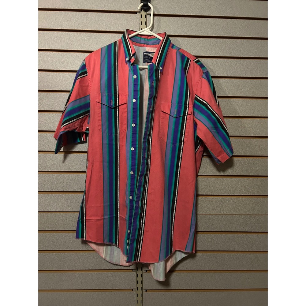 Vintage Wrangler Cowboy Cut Mens 16.5 Pink Teal Striped Western Shirt USA Made